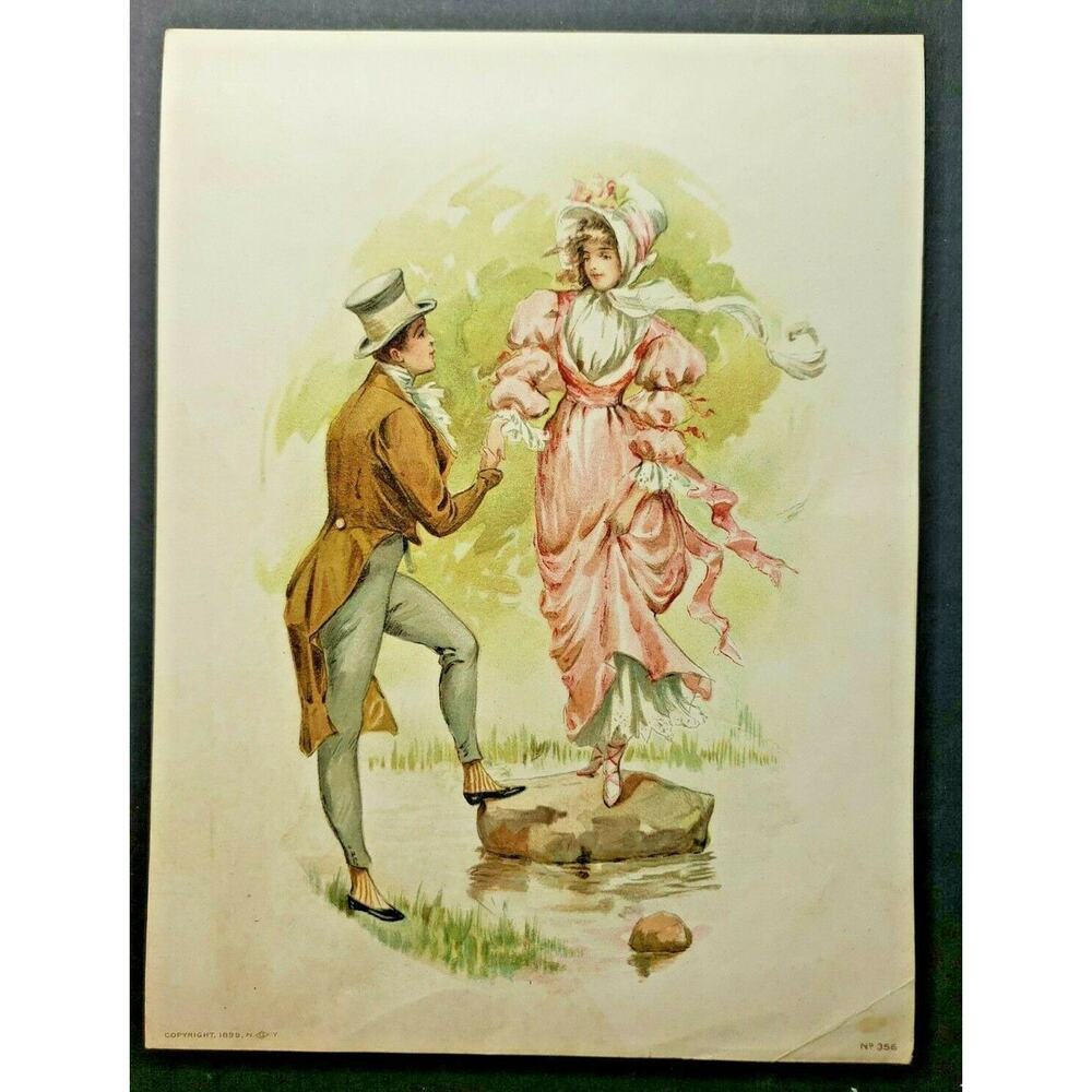 Original Antique I899 Litho-Graph Gentleman w/ Pink Lady No 356 6" x 8" (B5)
